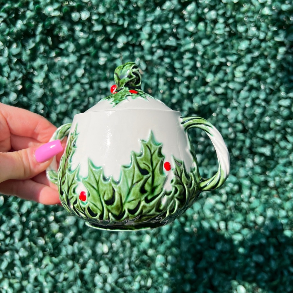 Vintage ceramic Christmas holly sugar bowl. Christmas home decor